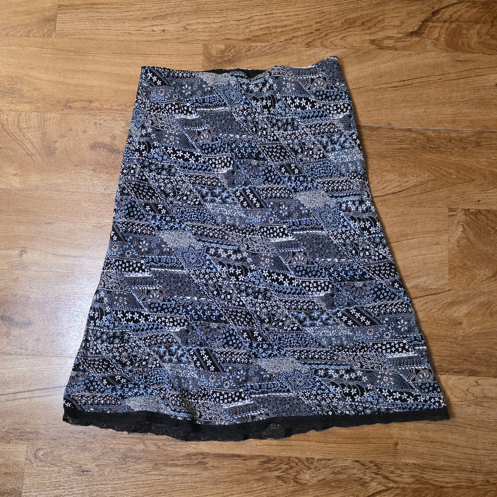 Vintage Lily Blue & Black Floral Lace Trim Midi Skirt